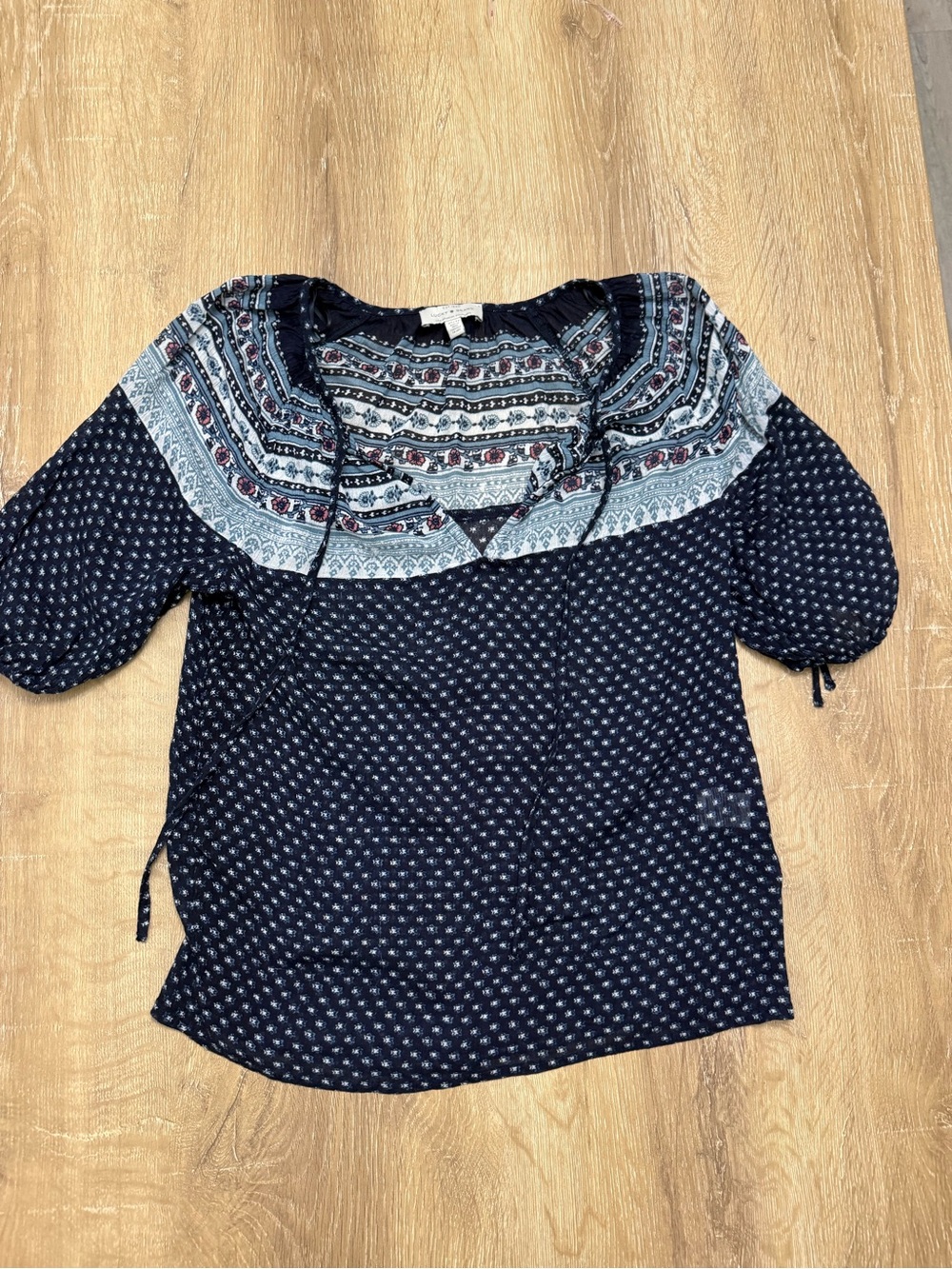 Lucky Brand Navy Patterned Peasant Tunic with Light Blue Yoke